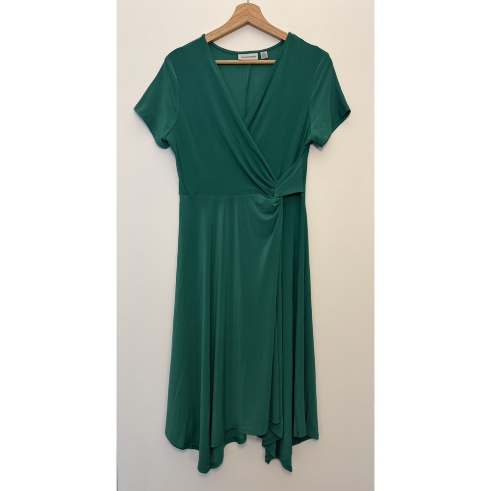Nina Leonard Women's Faux Wrap Midi Dress Green Size M Shark Bite Hem A-Line - Picture 5 of 16